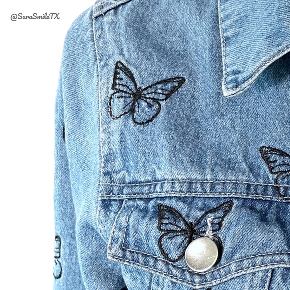 SAMANTHA SIPOS - Good Vibes Only - Embroidered Butterfly Denim & Leather Jacket - Picture 4 of 16